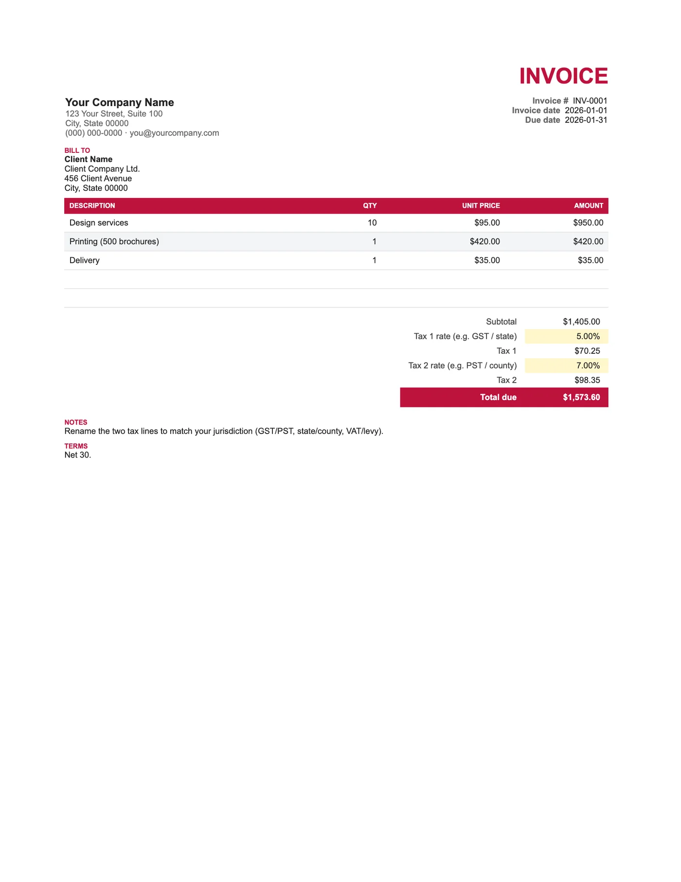 Full-page preview of the Multi-Tax Excel Invoice (Two Rates)