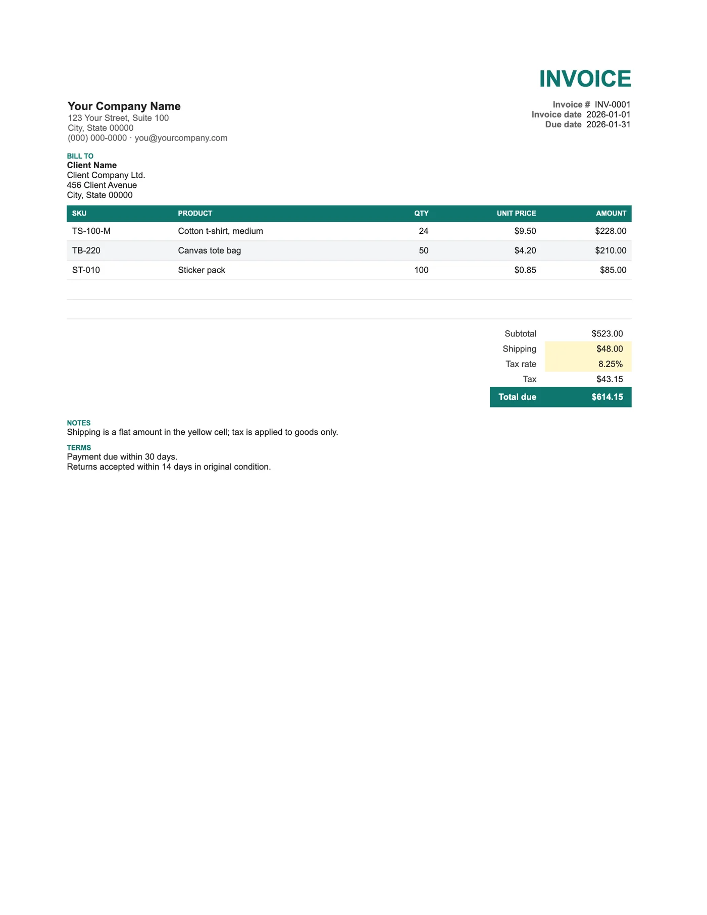Full-page preview of the Sales Excel Invoice (Products and Shipping)